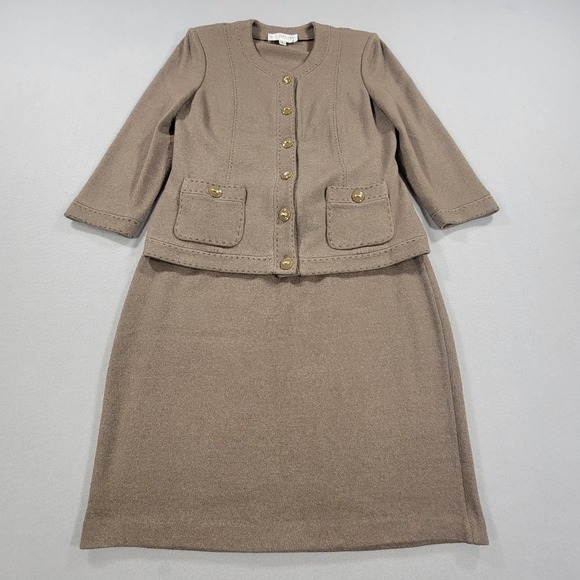 Vintage St John Collection Skirt Suit Brown Knit Gold Buttons USA Womens Set 6 8 - Picture 4 of 16